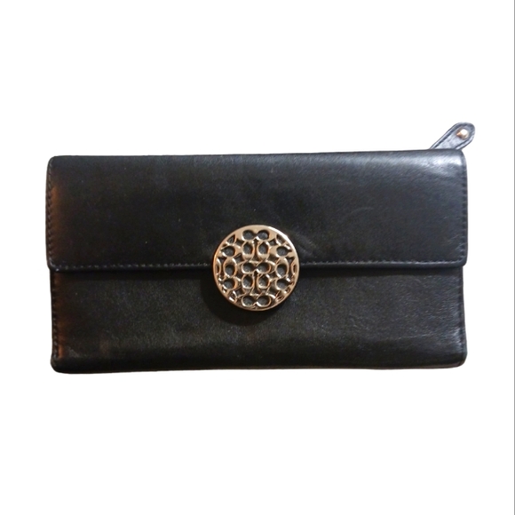 COACH Black Leather Tri-fold Wallet Unique Coach Emblem - Picture 1 of 8